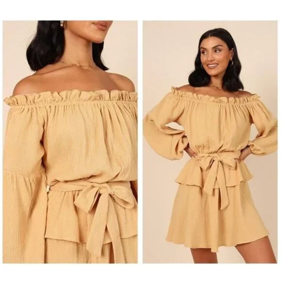 Petal & Pup NEW Callie Off the Shoulder Gauzy Ruffle Mini Dress Yellow Size L - Picture 1 of 11